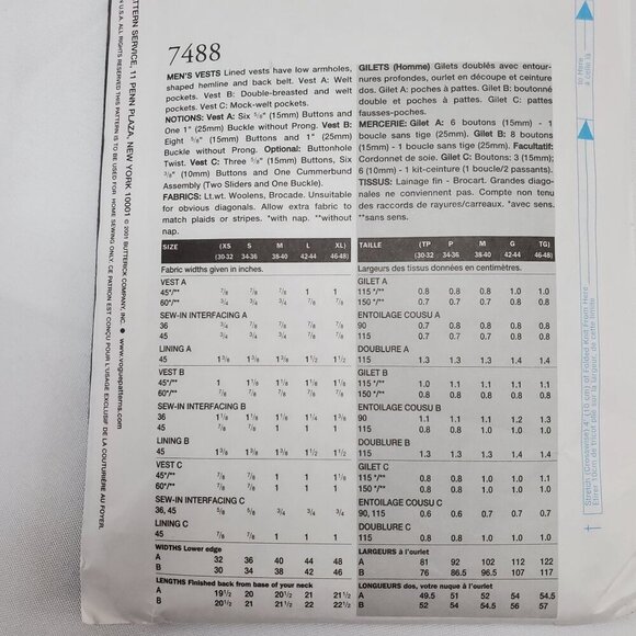 Vogue Accessories 7488 Mens Vest Sewing Pattern  XS-XL multi styles UNCUT - Picture 7 of 11